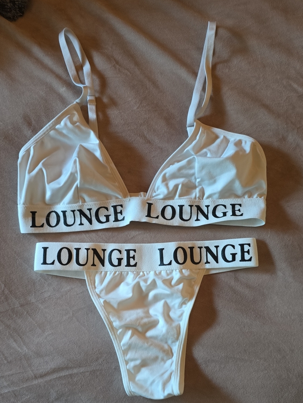 "Lounge" White Logo Bralette & Thong Set, Medium